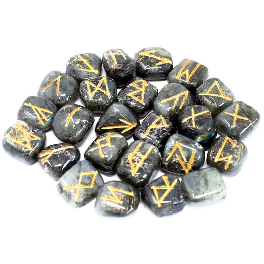 Labradorite Rune Stone Set – 25 Pieces | Engraved Crystals for Divination & Insight