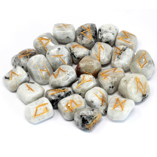 Rainbow Moonstone Rune Stone Set – 25 Pieces | Engraved Crystals for Divination & Insight