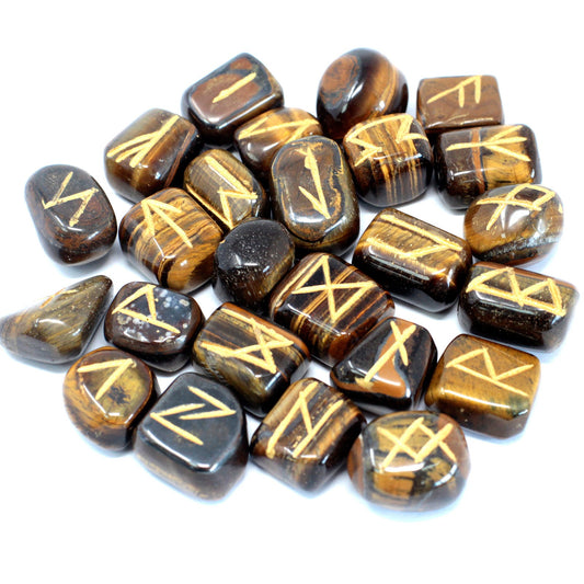 Tiger's Eye Rune Stone Set – 25 Pieces | Engraved Crystals for Divination & Insight