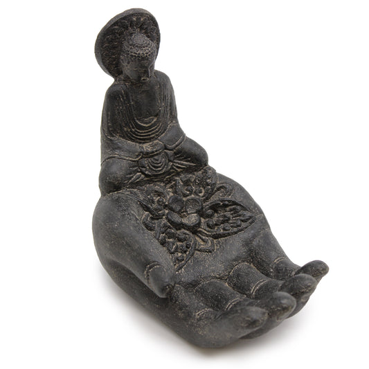 Indonesian Stone Incense Holder – Black Hand with Buddha | Peaceful Presence