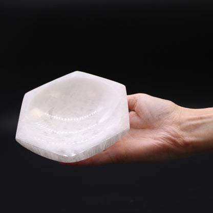 Selenite Hexagonal Bowl – Large | Vessel for Crystals, Incense & Ritual Use