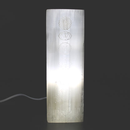 Selenite Block Lamp – Seven Chakras | Hand-Carved Natural Crystal Light