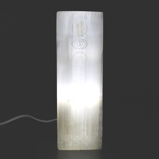 Selenite Block Lamp – Seven Chakras | Hand-Carved Natural Crystal Light