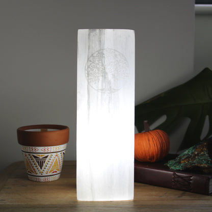 Selenite Block Lamp – Tree of Life | Hand-Carved Natural Crystal Light