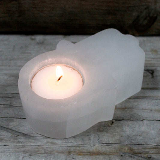 Selenite Candle Holder – Hamsa | Natural Crystal Tealight Holder