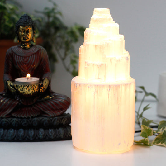 Natural Selenite Tower Lamp – Medium | Purifying Crystal Light