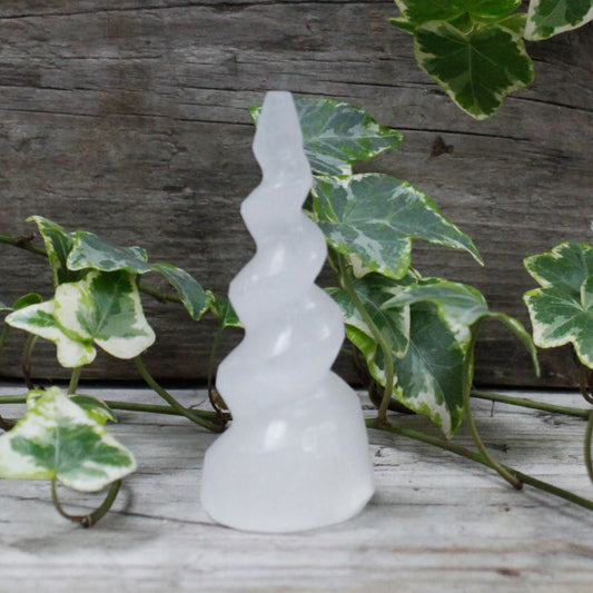Selenite Unicorn Horn Sculpture – Small | Carved Crystal Display Piece