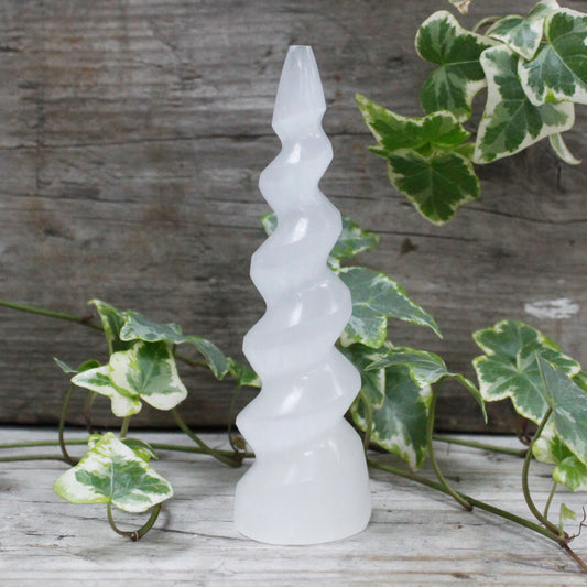 Selenite Unicorn Horn Sculpture – Medium | Carved Crystal Display Piece