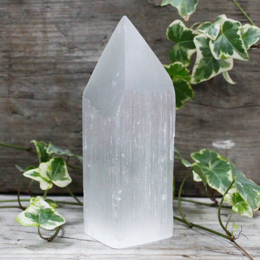 Selenite Pencil Point Sculpture – Medium | Carved Crystal Display Piece