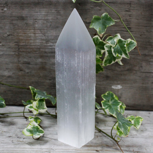 Selenite Pencil Point Sculpture – Large | Carved Crystal Display Piece