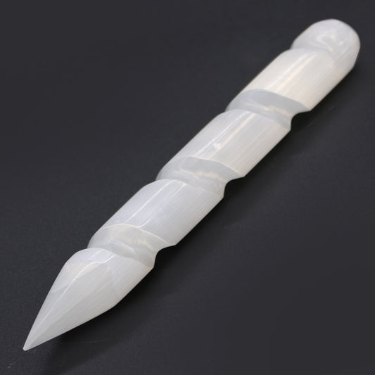 Spiral Selenite Wand – Single Pointed End | Carved Crystal Display Piece