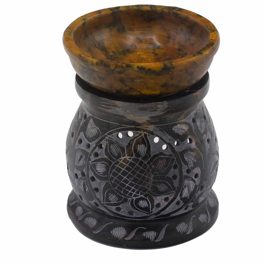 Mandala Flower Soapstone Oil Burner – Black & Yellow | For Wax Melts & Fragrance Oils