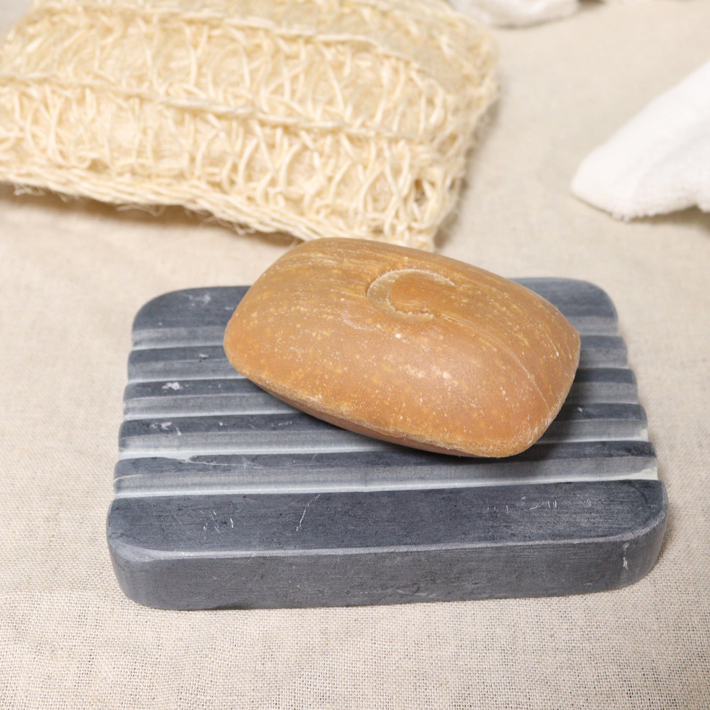 Grey Soapstone Soap Dish – Deep Ridges | Hand-Carved Metamorphic Rock