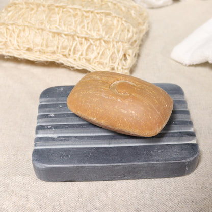 Grey Soapstone Soap Dish – Deep Ridges | Hand-Carved Metamorphic Rock