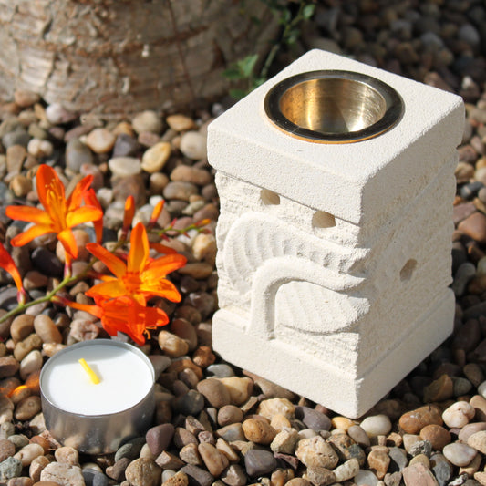 Sandstone Oil Burner – Carved Leaf Design | Pure Sandstone Finish