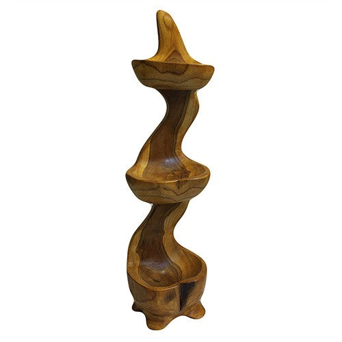 Natural Teak Root Wooden Bowl – Triple Bowl Stand | Hand-Carved Rustic Serving & Display Bowl