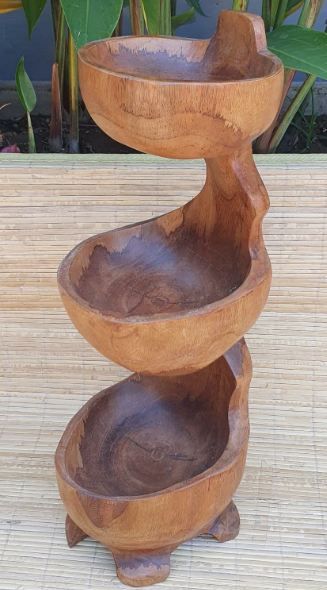 Natural Teak Root Wooden Bowl – Triple Bowl Stand | Hand-Carved Rustic Serving & Display Bowl