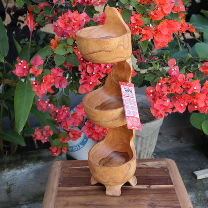 Natural Teak Root Wooden Bowl – Triple Bowl Stand | Hand-Carved Rustic Serving & Display Bowl