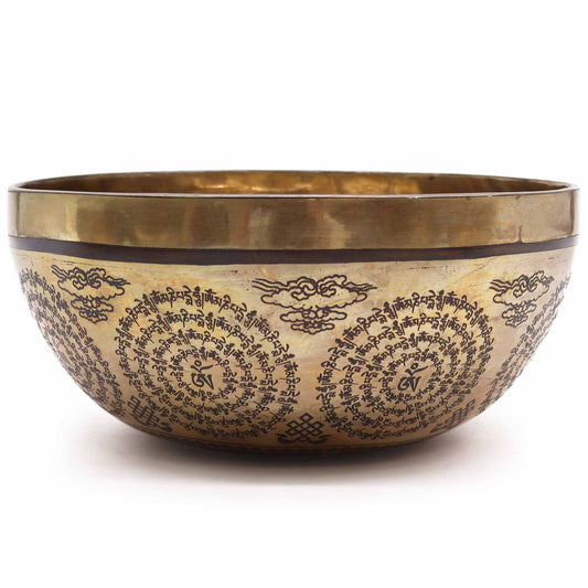 Tibetan Brass Healing Singing Bowl – Om & Buddha (21cm) | Engraved, Resonant & Handcrafted