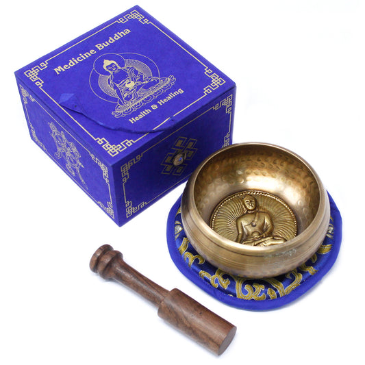 Tibetan Healing Singing Bowl Set – Medicine Buddha (13cm) | Handcrafted Brass & Gift-Boxed