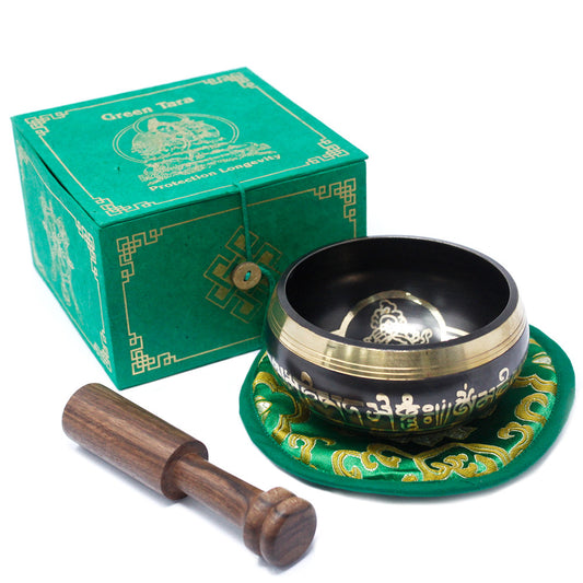 Tibetan Healing Singing Bowl Set – Green Tara (13cm) | Handcrafted Brass & Gift-Boxed