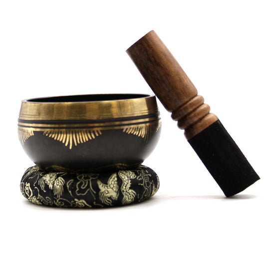 Black & Gold Brass Singing Bowl – Flower of Life (9cm) | High Tone for Clarity & Calm
