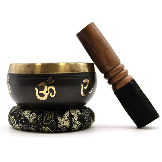 Black & Gold Brass Singing Bowl – Yoga Om (9cm) | High Tone for Clarity & Calm