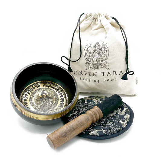 Hand Beaten & Engraved Tibetan Singing Bowl Set – Green Tara (14cm) | Rich, Meditative Tones for Spiritual Practice