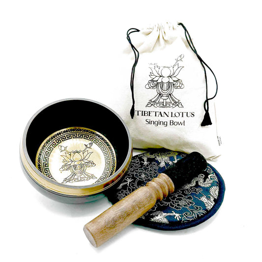 Hand Beaten & Engraved Tibetan Singing Bowl Set – Lotus Flower (14cm) | Rich, Meditative Tones for Spiritual Practice