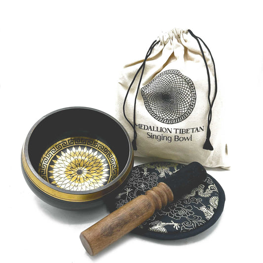 Hand Beaten & Engraved Tibetan Singing Bowl Set – Medallion (14cm) | Rich, Meditative Tones for Spiritual Practice