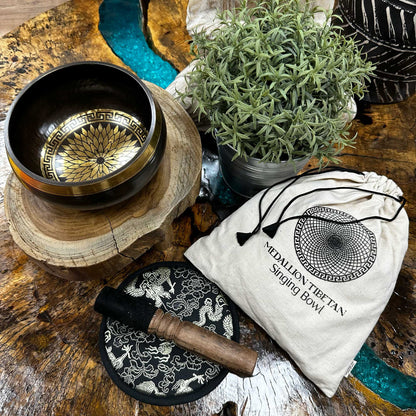 Hand Beaten & Engraved Tibetan Singing Bowl Set – Medallion (14cm) | Rich, Meditative Tones for Spiritual Practice