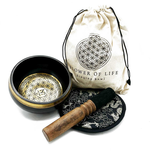 Hand Beaten & Engraved Tibetan Singing Bowl Set – Flower of Life (14cm) | Rich, Meditative Tones for Spiritual Practice