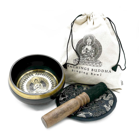 Hand Beaten & Engraved Tibetan Singing Bowl Set – Teachings Buddha (14cm) | Rich, Meditative Tones for Spiritual Practice