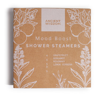 Mood Boost Aromatherapy Shower Steamers – Set of 4 x 50g | Grapefruit, Bergamot, Rosemary, & Lemon Tea Tree Essential Oils with Dried Rosemary