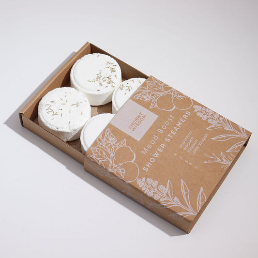 Mood Boost Aromatherapy Shower Steamers – Set of 4 x 50g | Grapefruit, Bergamot, Rosemary, & Lemon Tea Tree Essential Oils with Dried Rosemary