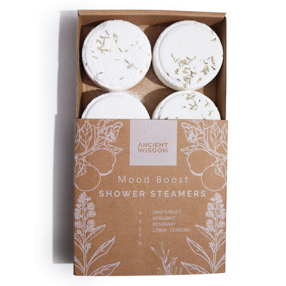 Mood Boost Aromatherapy Shower Steamers – Set of 4 x 50g | Grapefruit, Bergamot, Rosemary, & Lemon Tea Tree Essential Oils with Dried Rosemary