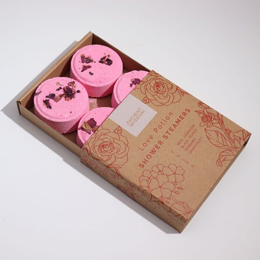 Love Potion Aromatherapy Shower Steamers – Set of 4 x 50g | Rose Geranium, Black Pepper, Bergamot & Grapefruit Essential Oils with Rose Petals
