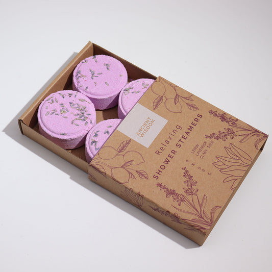Relaxing Aromatherapy Shower Steamers – Set of 4 x 50g | Clary Sage, Lemon & Lavender Essential Oils with Dried Lavender